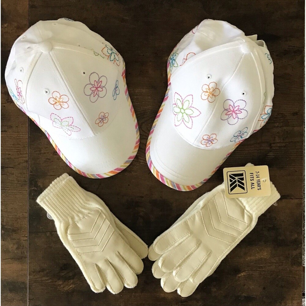 Lot Of 4 Girls 2 kidconnections Summer Floral/Stripe Cap and 2 Winter Mittens